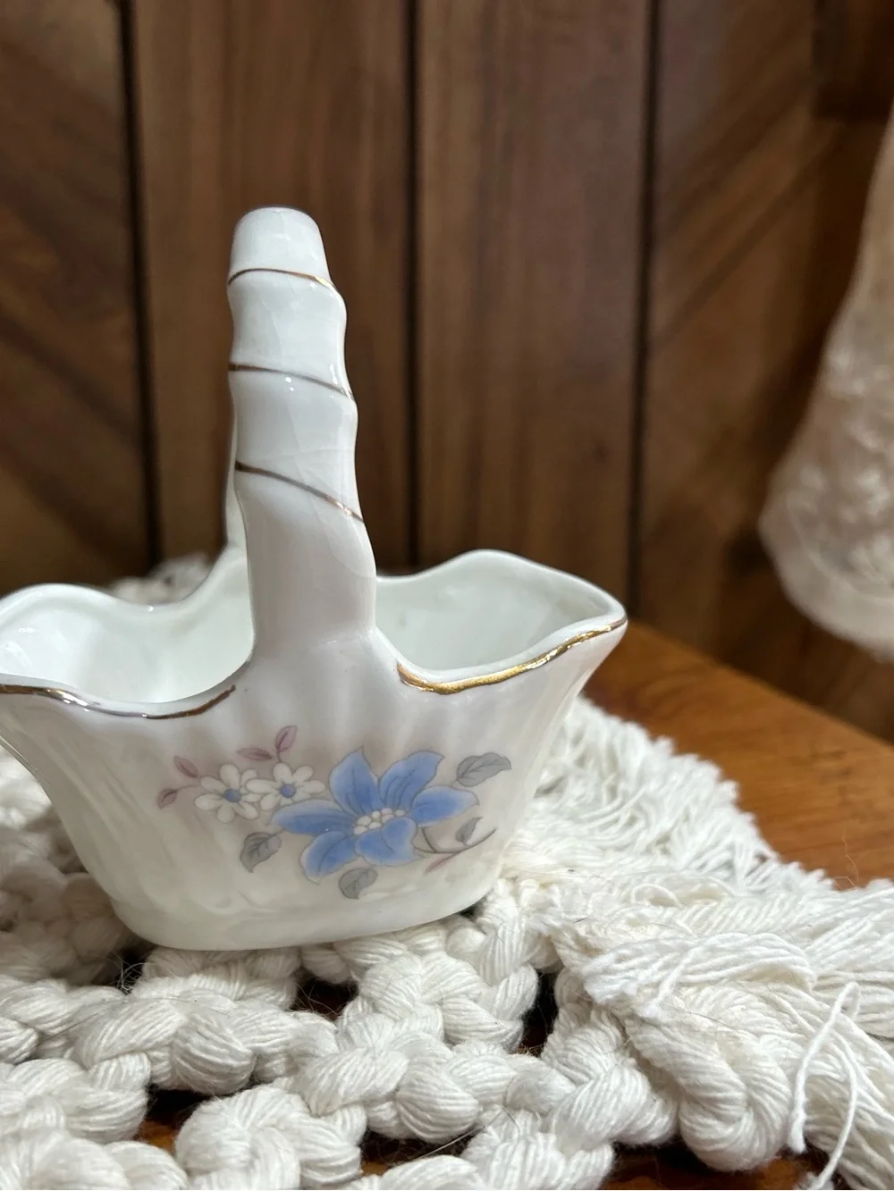 Vintage Porcelain Floral Trinket Basket with Gold Trim